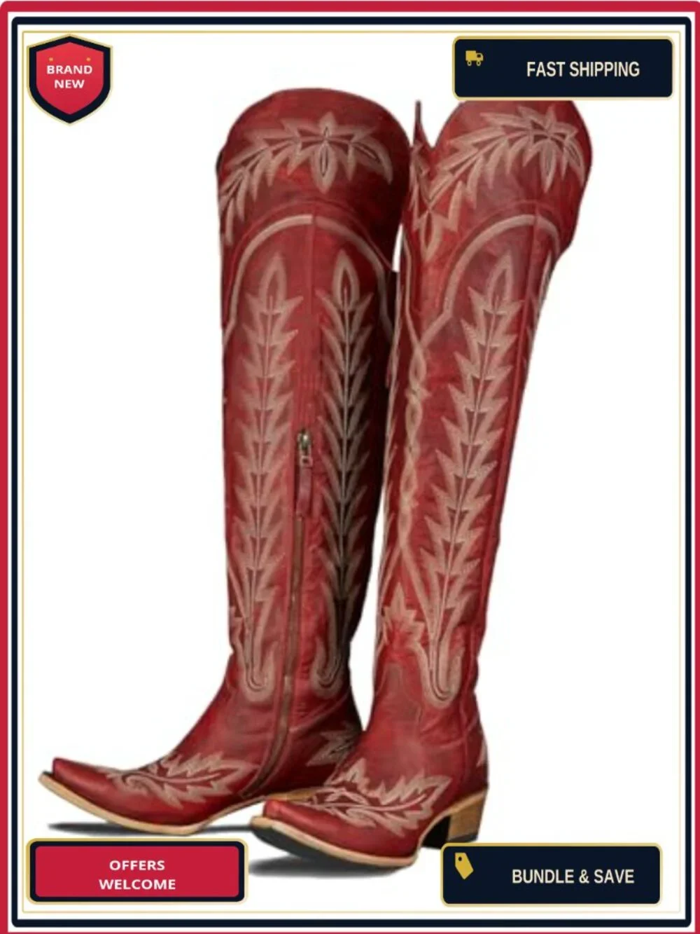 Over the Knee Cowboy Boots Women Embroidery Chunky Heel Side Zipper Thigh High